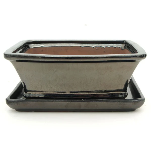 Metallic Black Glazed Rectangle Ceramic Bonsai Pot & Tray 16cm