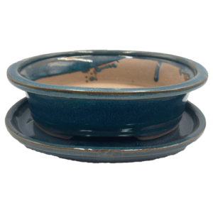 Blue Glazed Oval Ceramic Pot & Tray 22cm