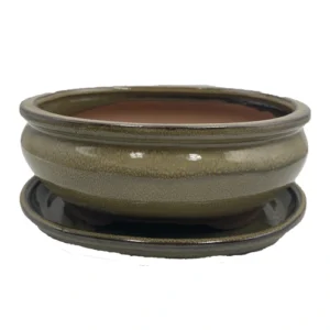 Light Khaki Glazed Oval Ceramic Pot & Tray 16cm