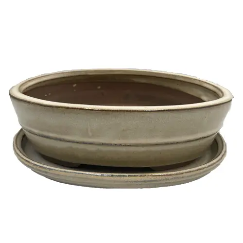 Off-White Glazed Oval Ceramic Pot & Tray 26cm