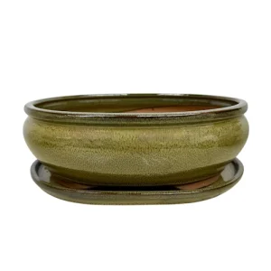 Light Khaki Glazed Oval Ceramic Pot & Tray