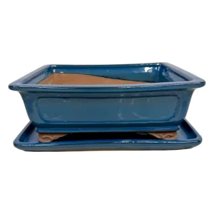 Blue Glazed Rectangle Ceramic Pot & Tray