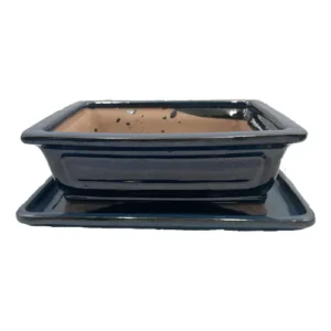 Blue Glazed Rectangle Ceramic Pot & Tray 16cm