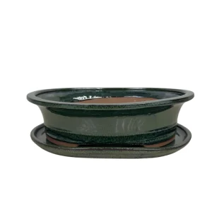 Green Glazed Oval Ceramic Pot & Tray 32cm