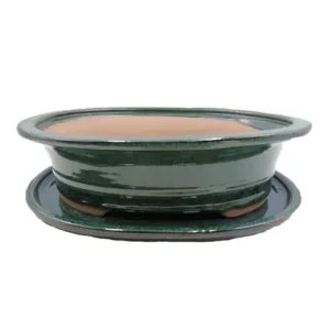 Green Glazed Oval Ceramic Pot & Tray 32cm