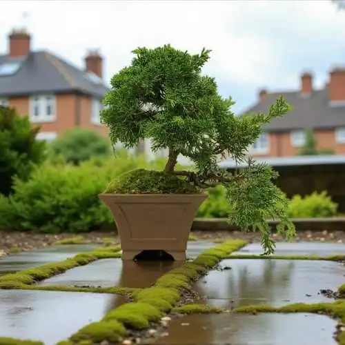 Small potted juniper bonsai with slight cascade, outdoors in front of house