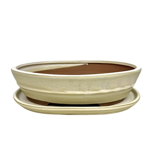 Cream Oval Ceramic Pot & Tray 18cm