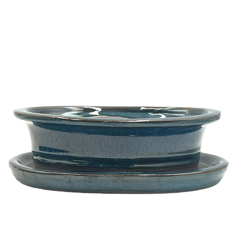 Blue Oval Ceramic Pot & Tray 16cm