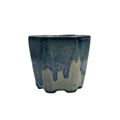 White Base With Blue Drips Hexagon Ceramic Bonsai Pot - 7cm