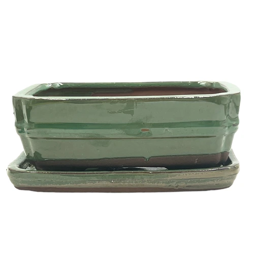 Green Rectangle Ceramic Bonsai Pot & Tray - 16cm