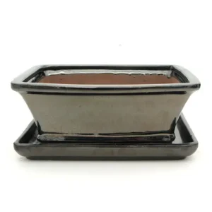 Metallic Dark Black Glazed Rectangle Ceramic Pot & Tray 18cm