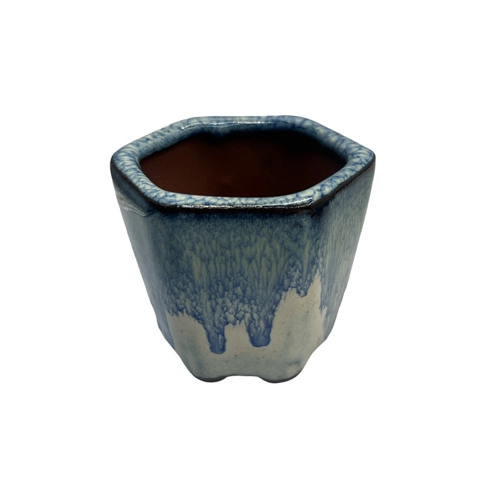White Base With Blue Drips Hexagon Ceramic Pot 7cm