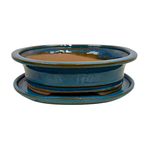 Blue Oval Ceramic Pot & Tray 19cm