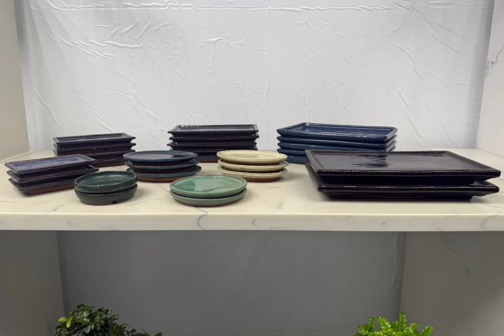 Assortment of bonsai drip trays of different sizes and colours arranged on a table