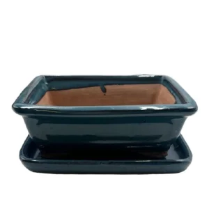 Blue Glazed Rectangle Ceramic Pot & Tray 21cm