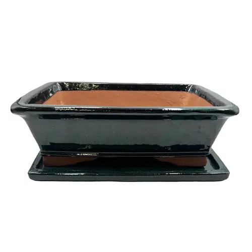 Dark Green Ceramic Pot With Tray 38cm