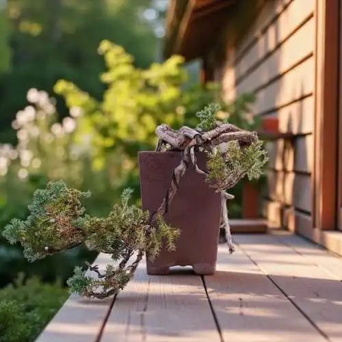 Small creeping juniper bonsai on an outdoor step, wired into a cascading style