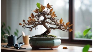 Small bonsai with entirely brown leaves except for one at the top, standing indoors near windows