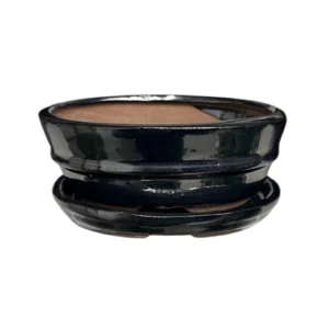 Black Oval Ceramic Pot & Tray 12cm