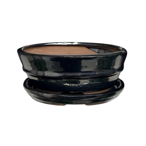 Black Oval Ceramic Pot & Tray 12cm