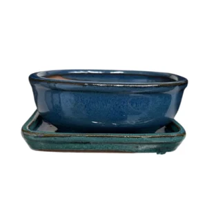 Blue Oval Ceramic Pot with Rectangle Tray 12cm