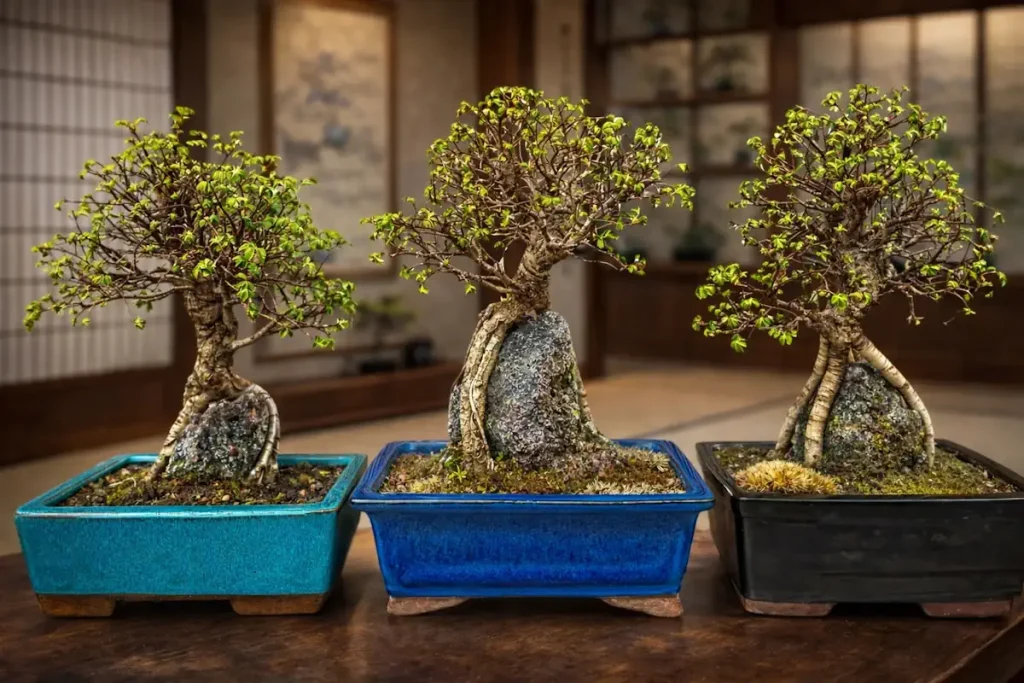 Three root-on-rock Chinese elm bonsai with new shoots coming through across all three canopies