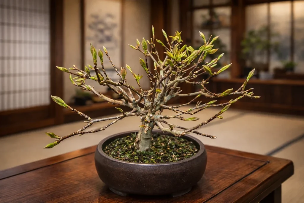 Maple bonsai on a wooden table with new shoots, in a showroom