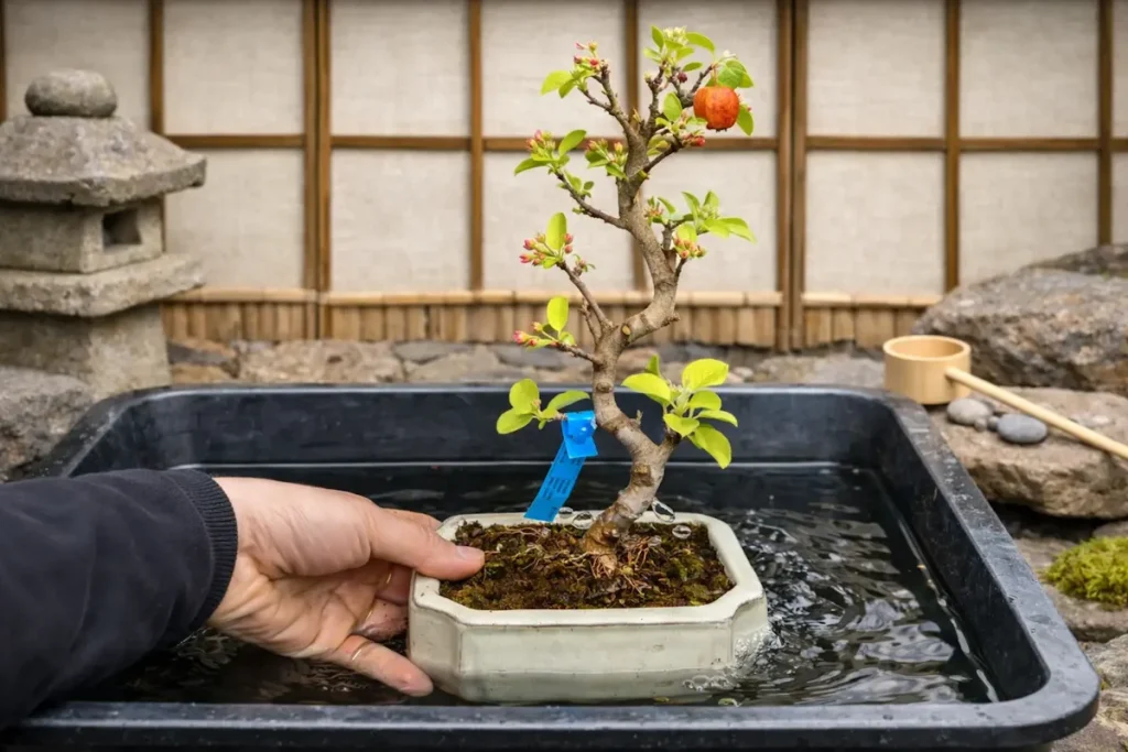 Small, S-shaped crab apple bonsai being lowered into a water reservoir by a single hand for watering