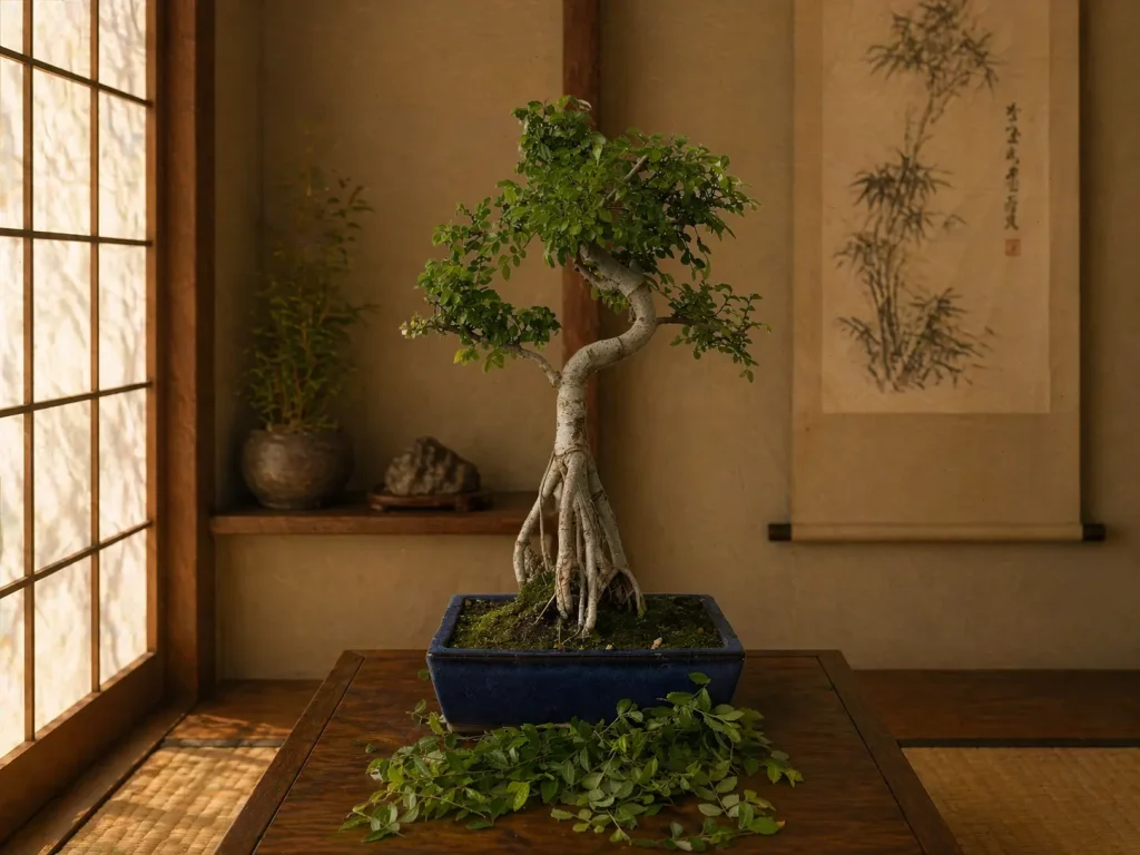 Chinese elm bonsai with raised roots and a twisted trunk, fallen leaves in front of the pot on a display table