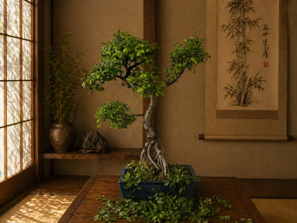 Chinese elm bonsai with raised roots and a twisted trunk, fallen leaves in front of the pot on a display table