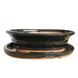 Black Oval Ceramic Pot with Tray 20cm
