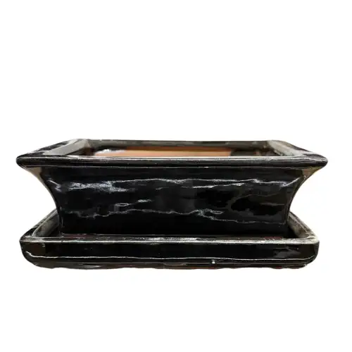 Black Rectangle Ceramic Pot with Tray 19cm