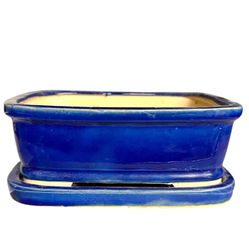 Blue Crackled Rectangle Ceramic Pot with Tray 21cm