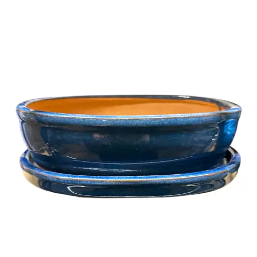 Blue Oval Ceramic Pot & Tray 21cm