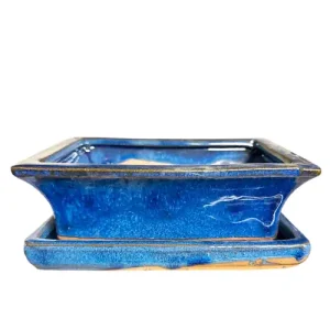 Blue Rectangle Ceramic Pot with Tray 18cm