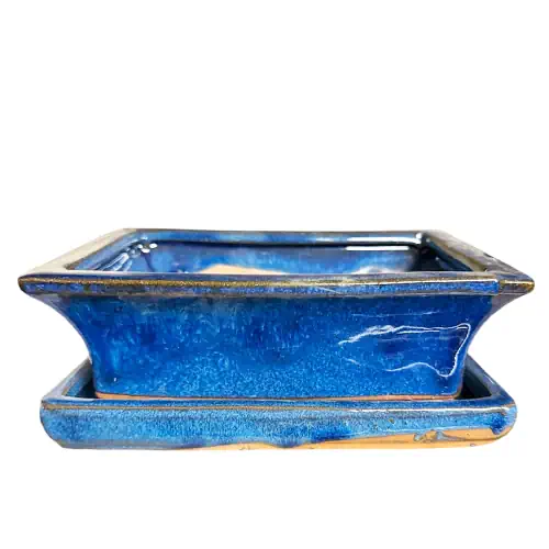 Blue Rectangle Ceramic Pot with Tray 18cm