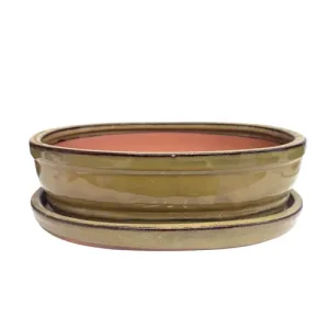 Green Oval Ceramic Pot & Tray 26cm