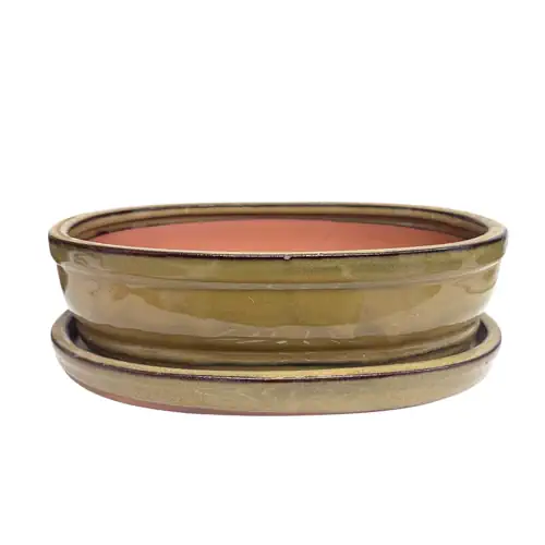 Green Oval Ceramic Pot & Tray 26cm