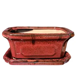 Red Rectangle Ceramic Pot with Tray 17cm