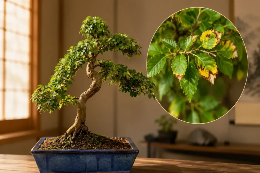Chinese elm bonsai with leaf scorch on several leaf tips, with a circular zoomed inset showing affected leaves on the right
