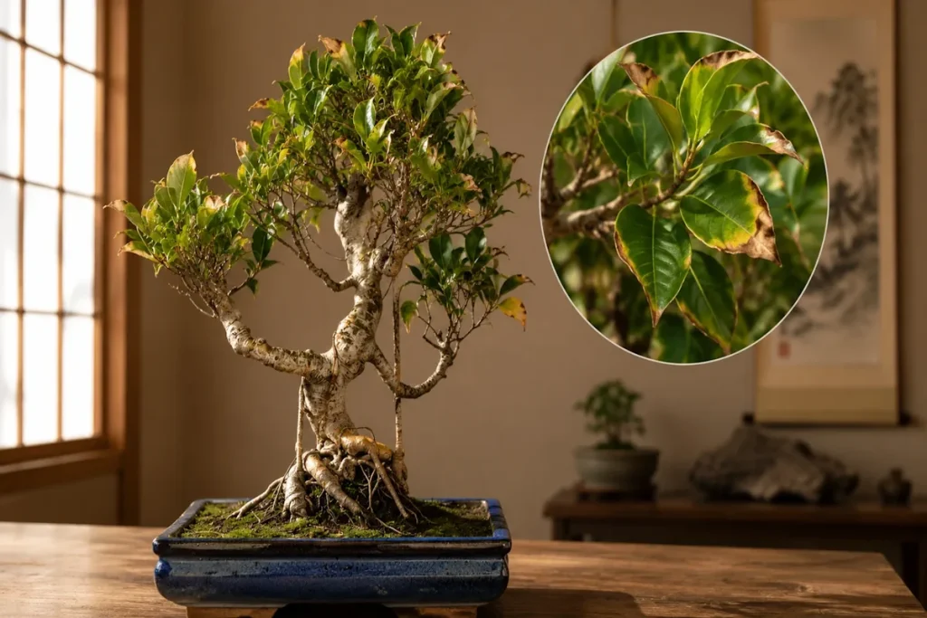 Ficus bonsai indoors on a wooden surface, with leaf scorch and a circular zoomed inset showing affected leaves on the right