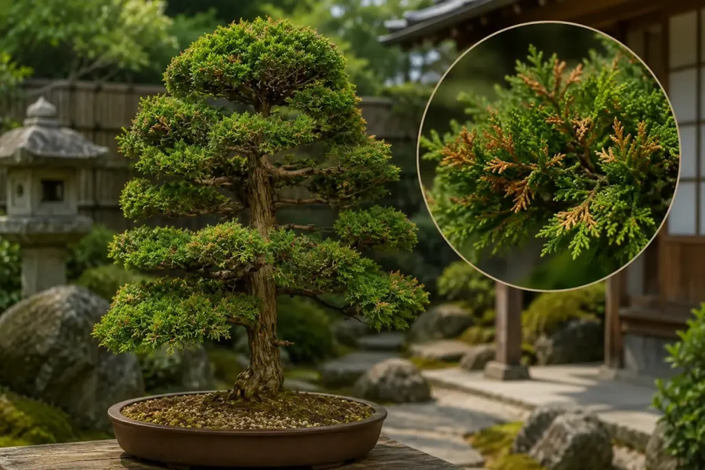 Juniper bonsai outdoors on display in bonsai garden, with a circular zoomed inset showing affected leaves on the right