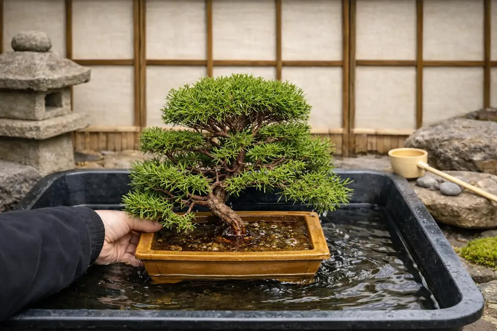 Juniper bonsai being lowered into filled reservoir for submersion watering