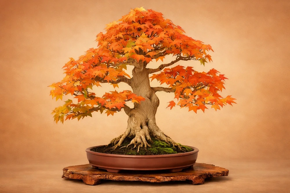Japanese maple bonsai indoors, showing a vivid orange foliage colour, set on wood