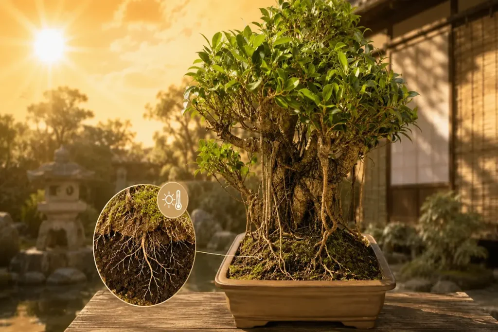Ficus bonsai outdoors with spreading nebari, a zoomed inset of the soil and a graphic overlay indicating temperature