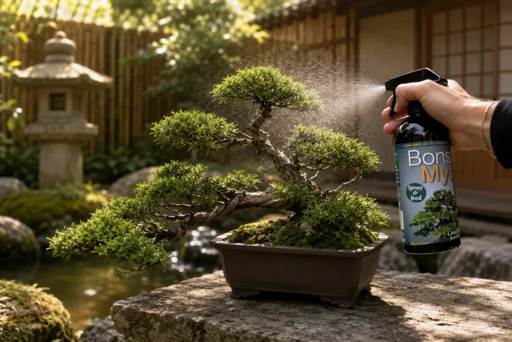Bonsai in a zen garden, being sprayed with Bonsai Myst from the right side