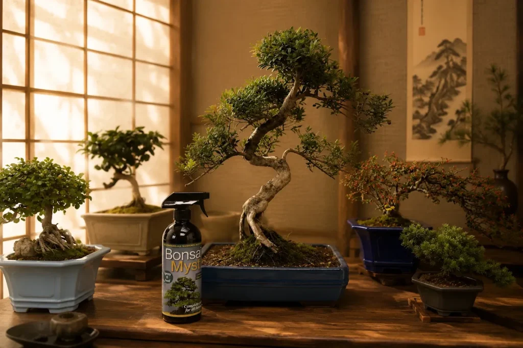 Dimly lit small-leaf bonsai in a showroom with other small bonsai and Bonsai Myst