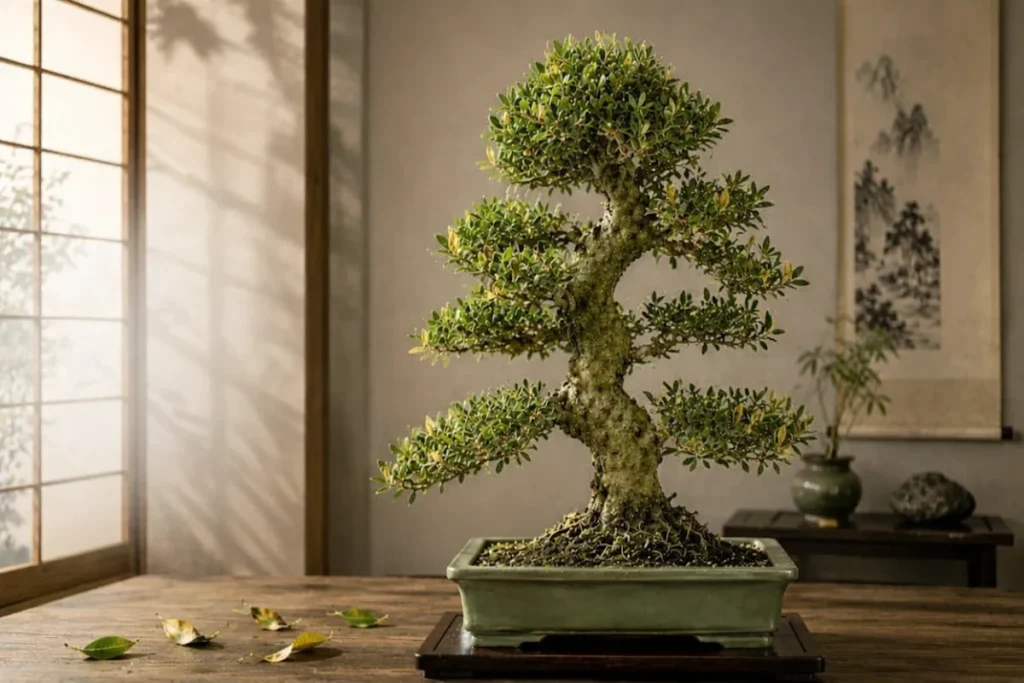 Olive bonsai indoors with sunlight spilling in from a nearby window, illuminating fallen leaves on the table
