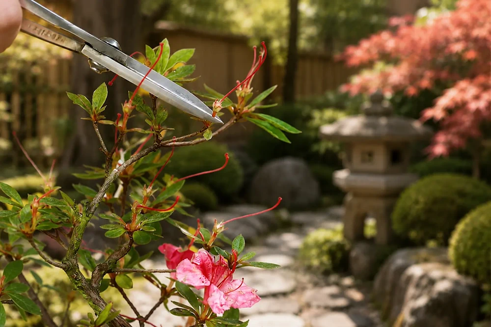 Flowering bonsai foliage being trimmed with scissors at the very tip of its buds