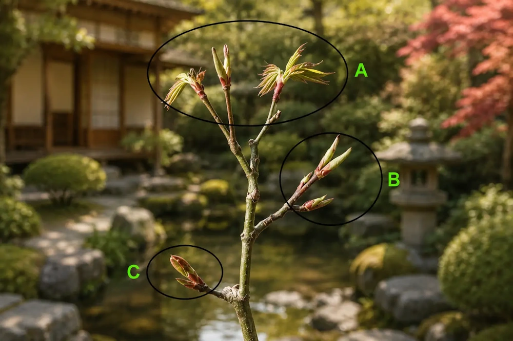 Three-part close-up image of bonsai back budding, with sections labelled A, B and C